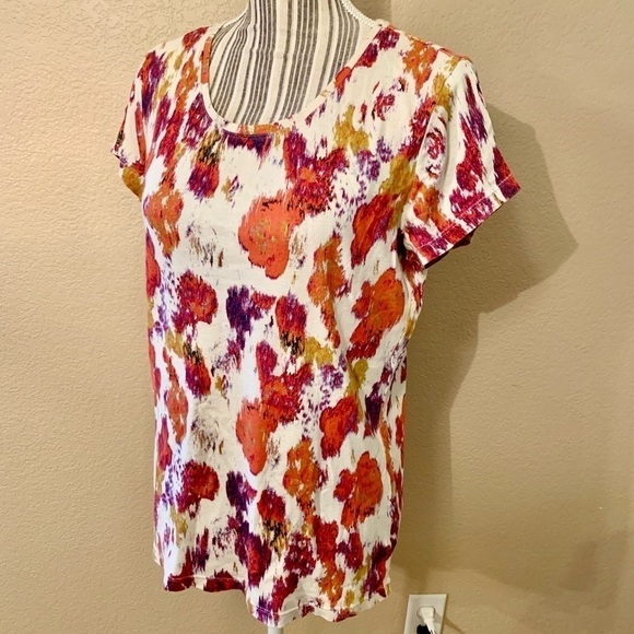 Daisy Fuentes Top Large Cream Orange Purple Gold Abstract Floral Cotton - Picture 6 of 14